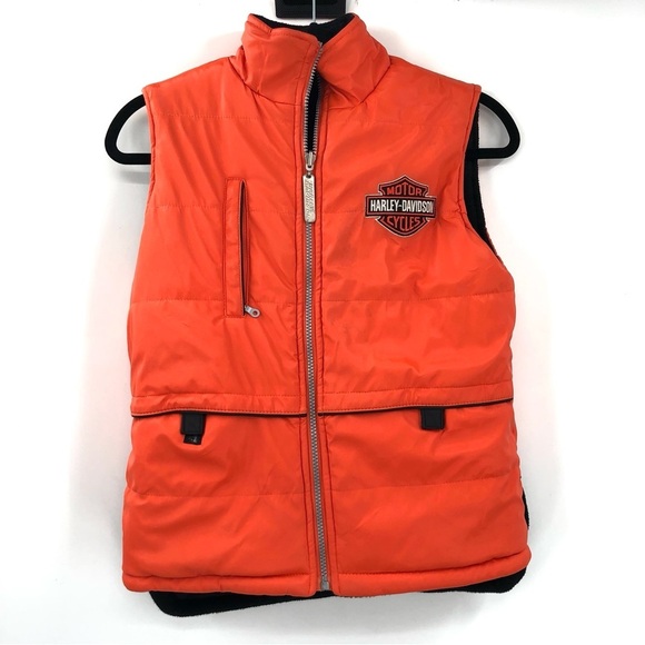 HARLEY DAVIDSON Vest M 10-12 Motorcycle Orange Black Reversible Pockets Kids Boy - Picture 1 of 11